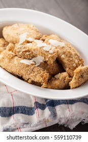 Oven Baked Parmesan Crusted Chicken Tenders On A Red White And Blue Napkin