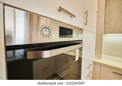 Oven Close-up, Extreme Wide Angle. Close Up Of Electric Stove With Open Door In Modern Kitchen