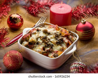 Oven Pasta Over Red Christmas Table