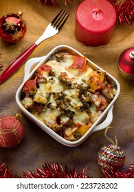 Oven Pasta Over Red Christmas Table