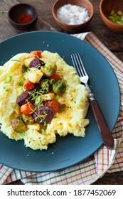 Oven Roasted Winter Vegetables With Fresh Herbs And Mashed Potatoes