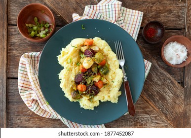 Oven Roasted Winter Vegetables With Fresh Herbs And Mashed Potatoes