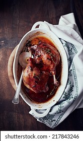 Oven-roasted Duck Legs With Cloves And Herbs For Christmas. Homemade Christmas Dinner. Rustic Food. Flatlay