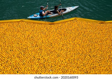 Over 70,000 Rubber Ducks Being Poured Into The Chicago River For The Chicago Ducky Derby As An Annual Fundraiser Benefiting The Special Olympics Illinois, Thursday, Aug. 5, 2021 In Chicago.  