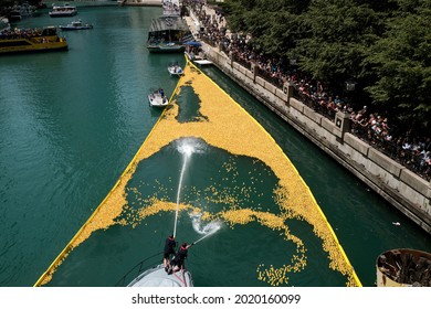 Over 70,000 Rubber Ducks Being Poured Into The Chicago River For The Chicago Ducky Derby As An Annual Fundraiser Benefiting The Special Olympics Illinois, Thursday, Aug. 5, 2021 In Chicago.  