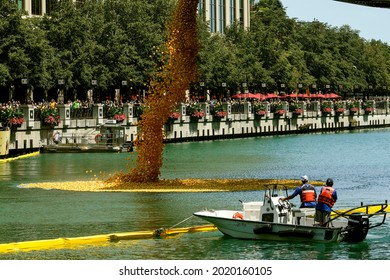 Over 70,000 Rubber Ducks Being Poured Into The Chicago River For The Chicago Ducky Derby As An Annual Fundraiser Benefiting The Special Olympics Illinois, Thursday, Aug. 5, 2021 In Chicago.  