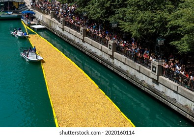 Over 70,000 Rubber Ducks Being Poured Into The Chicago River For The Chicago Ducky Derby As An Annual Fundraiser Benefiting The Special Olympics Illinois, Thursday, Aug. 5, 2021 In Chicago.  