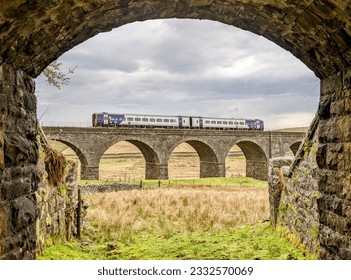 Over the bridge from under the bridge, a train passing over Dandry Mire Viaduct  