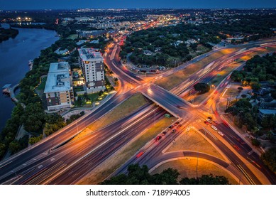 Over I-35 And Riverside Drive In Austin, Texas During Twilight.