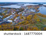 Over modern Lappeenranta on an October evening (aerial photography). Finland