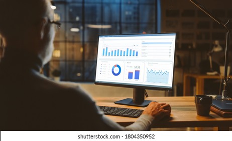 Over The Shoulder Confident Middle Aged Business Man Sitting At His Desk Using Desktop Computer With Statistics, Various Data, Charts And Graphs. Evening In Stylish Office Studio With City Window View