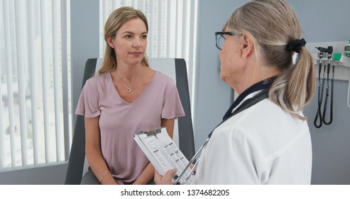 Over The Shoulder Shot Of Woman Talking To Her Primary Care Doctor In Exam Room. Middle Aged Patient Having Appointment With Female Senior Physician