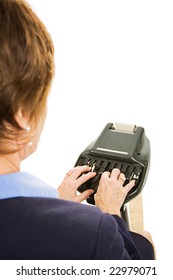 Over The Shoulder View Of A Court Reporter Using Stenography Machine.  Isolated On White.