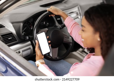 Over the shoulder view of happy black female driver holding smartphone with white blank screen, using mobile app for navigation, mock up. Closeup of cell phone with empty display, copy space template