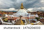 Over view of Boudhanath stupa, The Buddhist stupa of Boudha Stupa dominates the skyline; it is one of the largest unique structure