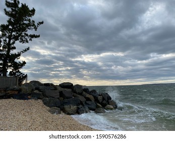 Overcast, Windy Day On The Peconic Bay In North Sea Long Island.