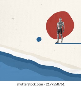 Overcoming. Contemporary art collage. Minimalism. Male swimmer swimming jumping from tower isolated over light background with geometric elements. Sport, competition concept. Summer water sports.