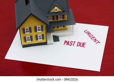 An Overdue Bill Beside A House On Red Background, Overdue Mortgage