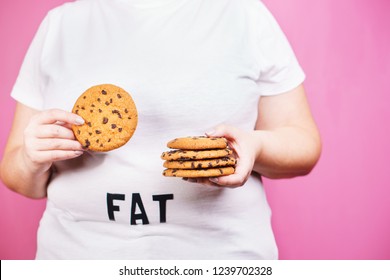 Overeating, Diet, Glutton, Sugar Addiction, Diabetes, Junk Food. Fat Obese Woman With Stack Of Chocolate Cookies