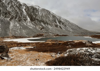 Overgrown with red moss and sprinkled with the first snow, the rocky shore of a small mountain lake on a cloudy autumn day. Lake Small Kok-Kol, Altai, Siberia, Russia. - Powered by Shutterstock