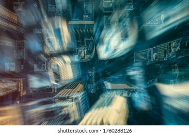 Overhead Aerial City Grid With Skyscrapers. Double Exposure Business Concept With Blurry Tall Buildings