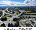 Overhead aerial shot of the intersection of Highway 406 and Geneva Street in downtown St. Catharines, Ontario, Canada on a sunny summer early morning, August, 2024.