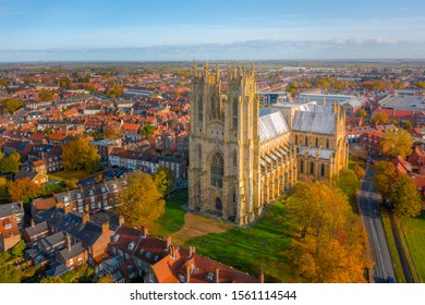 Overhead Aerial Top Down View Of Beverley Minster, The Large Gothic Church In The Centre Of The Small Market Town In East Yorkshire, UK. Shot In Autumn 2019