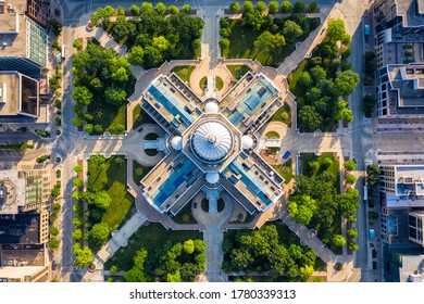 Overhead Aerial View Of Capitol Building And Urban Grid In Madison Wisconsin