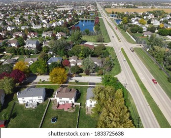 Overhead Aerial View Of Colorful Autumn Trees Residential Houses And Yards Along Suburban Street In Chicago Area. Midwest USA