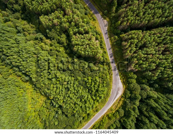 Overhead aerial view of a road running through a\
forest in South Wales\
UK