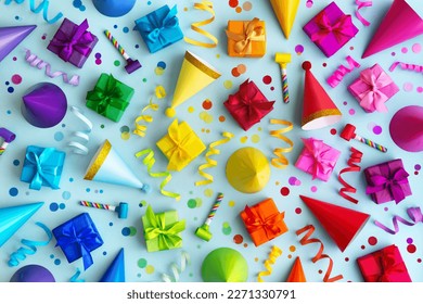 Overhead background collection of colorful birthday party objects in rainbow colors - Shutterstock ID 2271330791