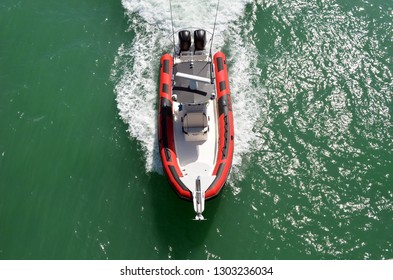 Overhead Bird's Eye View Of A High-end Motor Boat Powered By Two Outboard Engine.