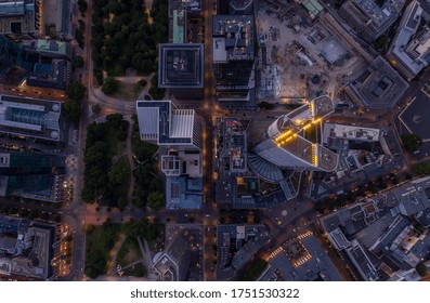 Overhead Birds View Of Frankfurt Am Main City Center Right After Sunset With Glowing City Lights 