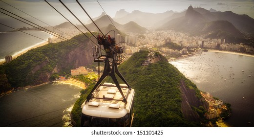 Overhead Cable Car Approaching Sugarloaf Mountain, Rio De Janeiro, Brazil