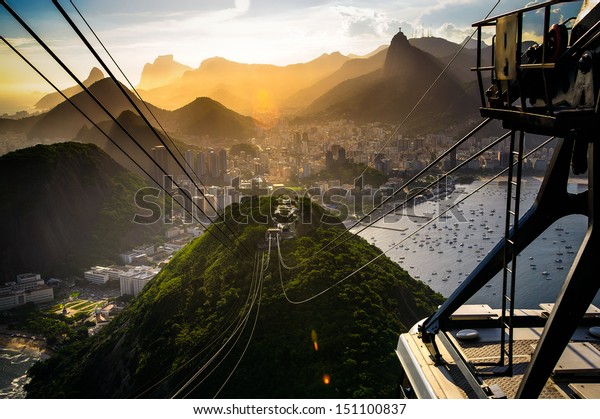 Overhead cable car approaching Sugarloaf Mountain,\
Rio De Janeiro, Brazil