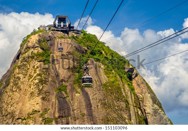 Overhead cable car\
station on the top of a mountain, Sugarloaf Mountain, Guanabara\
Bay, Rio De Janeiro,\
Brazil