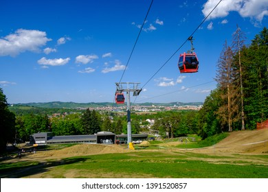 Overhead Cable Cars At Lower Station Of Cableway On Pohorje In Maribor, Slovenia, Mariborsko Pohorje Ski Slopes Are Popular Hiking Destination In Summer