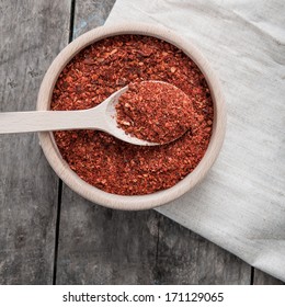 Overhead Close Up View Of A Bowl Of Ground Red Cayenne Pepper 