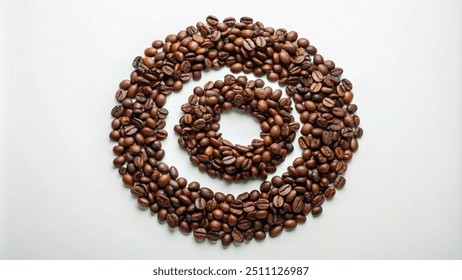 An overhead close-up shot of roasted coffee beans arranged in two concentric circles against a white background. - Powered by Shutterstock