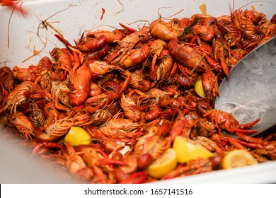 Overhead Closeup View Of A Large Quantity Of Cooked Crawfish Ready To Eat At A Crawfish Boil Party