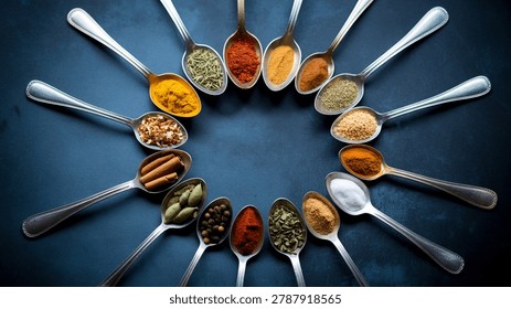 Overhead composition of assorted spices, herbs, and seasonings in spoons on a dark surface.