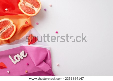 Overhead composition showcasing Lesbian Pride, with a wavy flag, minuscule hearts, the word "love," and grapefruits evoking femininity, all set against a white background for text or promotions