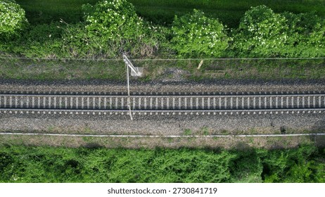 An overhead drone shot captures parallel train tracks cutting through a vibrant landscape of trees and grass in the Po Valley