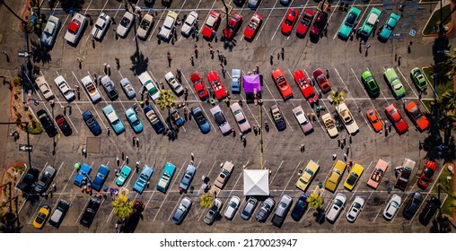 An Overhead Drone Shot Shows The Variety Of Colors At The Rainbow Car Show In Long Beach On Sept. 19, 2021. 