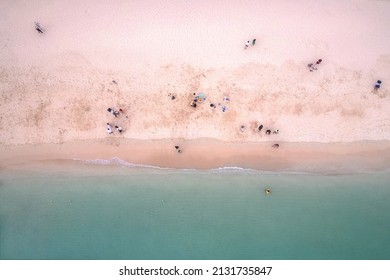 Overhead Drone View Of Ala Moana Beach Park In Honolulu, Hawaii In Late Afternoon