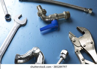 Overhead Of An Essential Tool Kit For Plumber / Set Of Plumber Tools