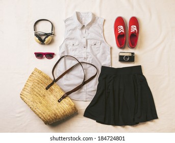 Overhead of essentials vintage woman. Outfit of casual woman.  - Powered by Shutterstock