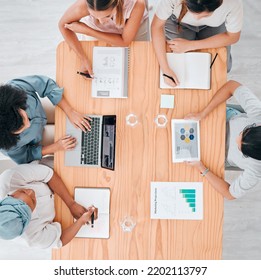 Overhead, Finance, Planning And Business People In Financial Meeting, Discussing Growth And Data In An Office. Thinking, Vision And Savings By Diverse Employee Collaboration On Budget And Development