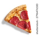 Overhead flat lay studio shot of a single slice of freshly baked pepperoni salami pizza, cleanly isolated on a pure white background with a soft shadow. The slice showcases a crispy golden crust, melted stringy mozzarella cheese, and spicy salami rounds on a rich tomato sauce base. Ideal for fast food restaurant menus, pizza delivery banners, promotional flyers, and culinary graphic design
