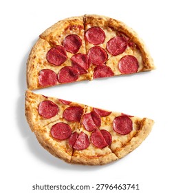 Overhead flat lay studio shot of two halves of a freshly baked, sliced pepperoni salami pizza, neatly arranged and cleanly isolated on a pure white background. The composition highlights the golden crispy crust, melted mozzarella cheese, and rich tomato sauce base with ample space between the pieces. Perfect for pizzeria promotional banners, fast food delivery ads, two-for-one deal marketing, and restaurant menus